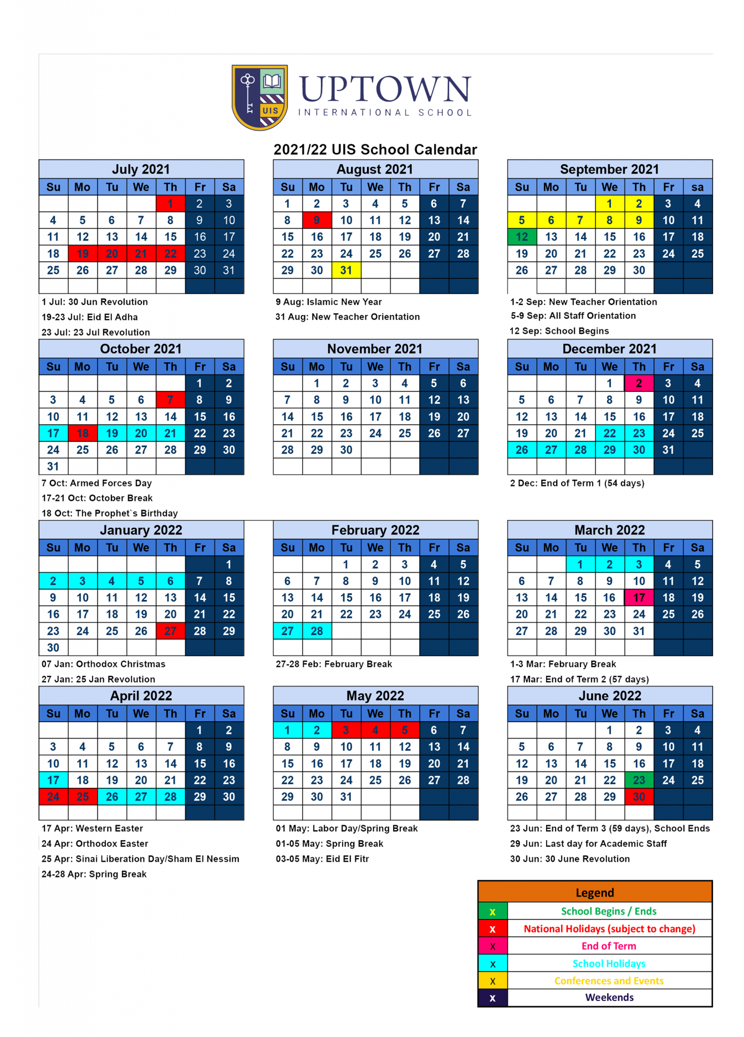 Calendar 2021-2022 – Uptown International School